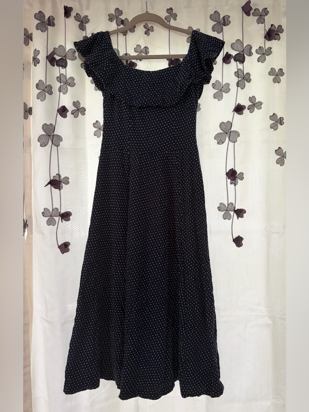 H&M Navy Off-Shoulder Midi Dress with White Polka Dots